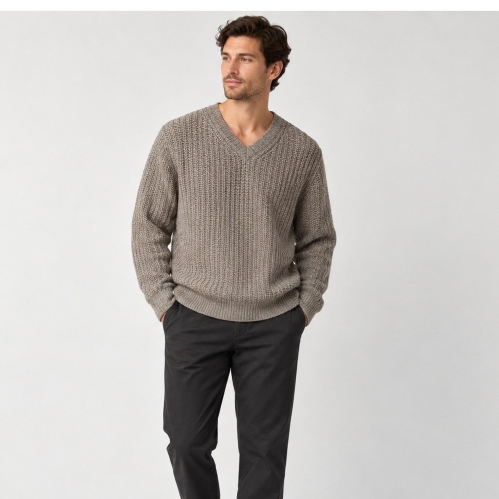Adidas‎ SLVR Mens L Lambswool Cashmere Blend V Neck Chunky Knit Sweater Taupe